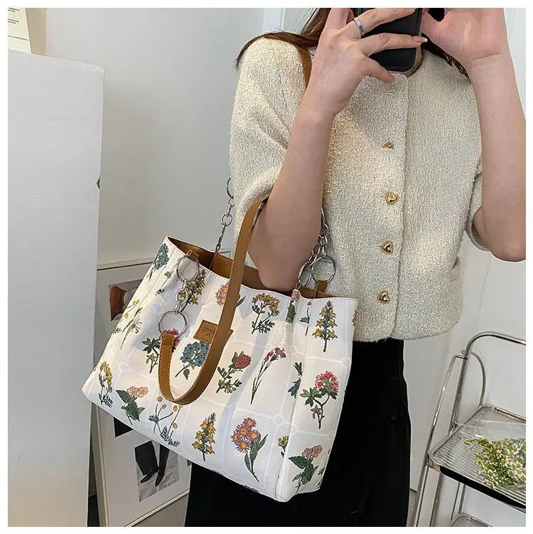Spring Autum Large Flowers Tote Bag High-Quality Fabric Women's Handbag