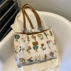 Spring Autum Large Flowers Tote Bag High-Quality Fabric Women's Handbag