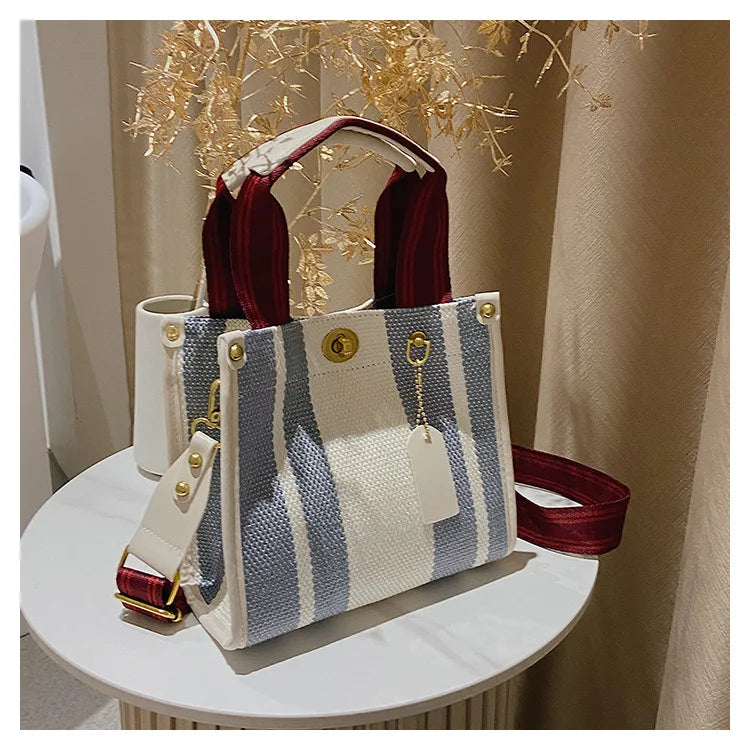 Spring Autum Canvas Stripe Tote Bag Vintage Shoulder Crossbody Bags