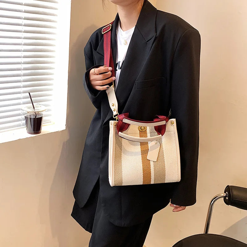 Spring Autum Canvas Stripe Tote Bag Vintage Shoulder Crossbody Bags