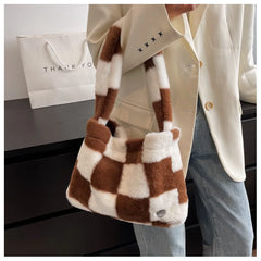 Checker Print Shoulder Bags Quilted Soft Plush Bags Winter Tote Bags
