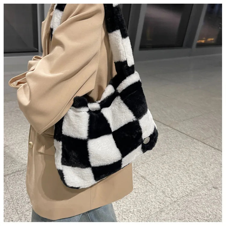 Checker Print Shoulder Bags Quilted Soft Plush Bags Winter Tote Bags