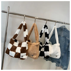 Checker Print Shoulder Bags Quilted Soft Plush Bags Winter Tote Bags