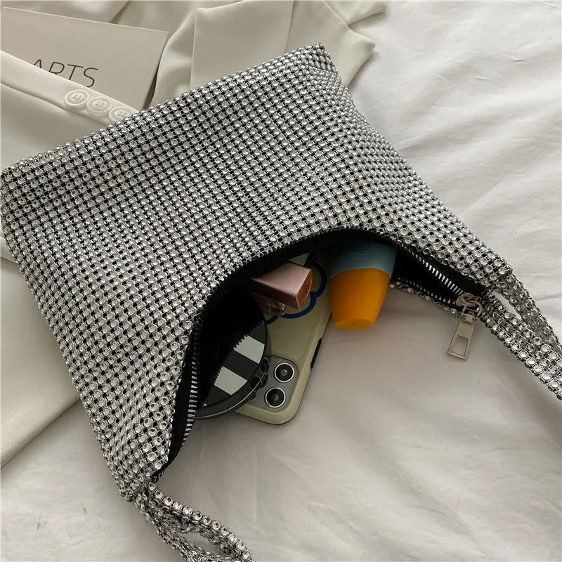 Spring Autum Silver Rhinestone Evening Bag Handbag For Dinner Party