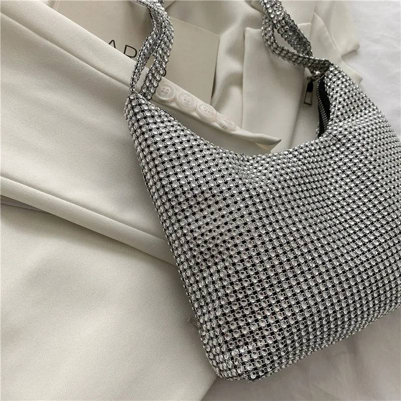 Spring Autum Silver Rhinestone Evening Bag Handbag For Dinner Party