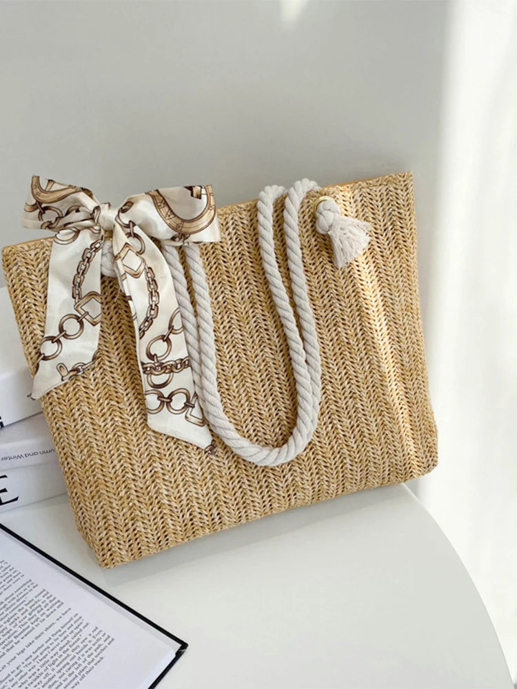Spring Autumn Large-Capacity Straw Bag Silk Scarf Women's Shoulder Bag