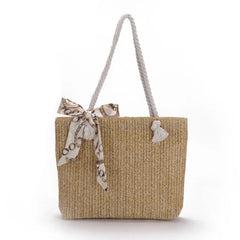 Spring Autumn Large-Capacity Straw Bag Silk Scarf Women's Shoulder Bag