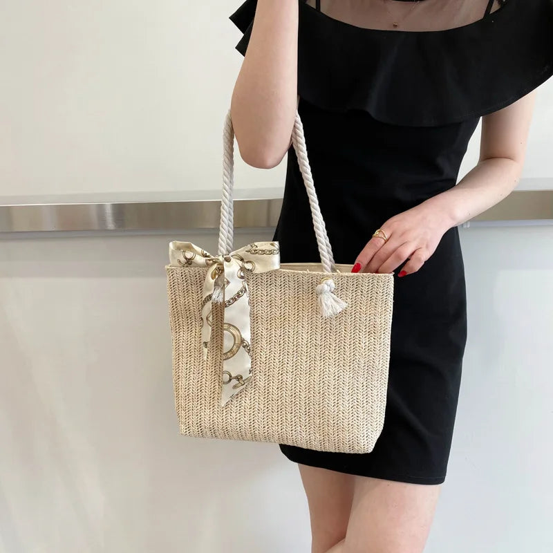Spring Autumn Large-Capacity Straw Bag Silk Scarf Women's Shoulder Bag