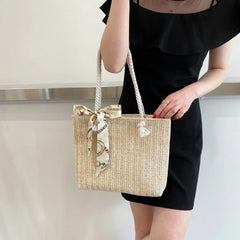 Spring Autumn Large-Capacity Straw Bag Silk Scarf Women's Shoulder Bag