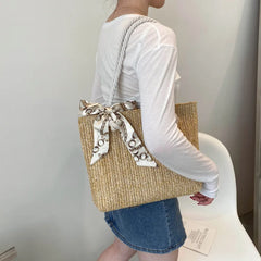 Spring Autumn Large-Capacity Straw Bag Silk Scarf Women's Shoulder Bag