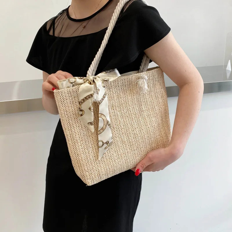 Spring Autumn Large-Capacity Straw Bag Silk Scarf Women's Shoulder Bag