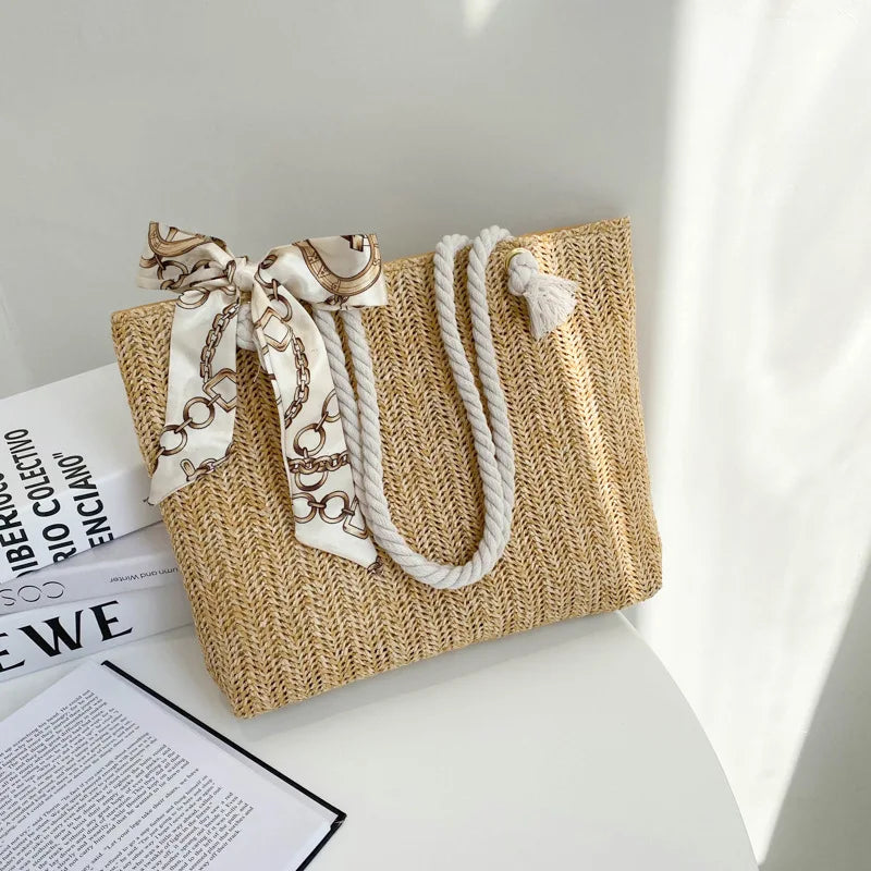 Spring Autumn Large-Capacity Straw Bag Silk Scarf Women's Shoulder Bag