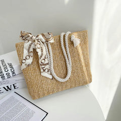 Spring Autumn Large-Capacity Straw Bag Silk Scarf Women's Shoulder Bag