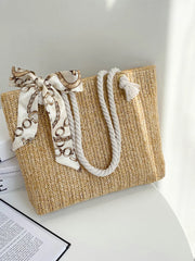 Spring Autumn Large-Capacity Straw Bag Silk Scarf Women's Shoulder Bag