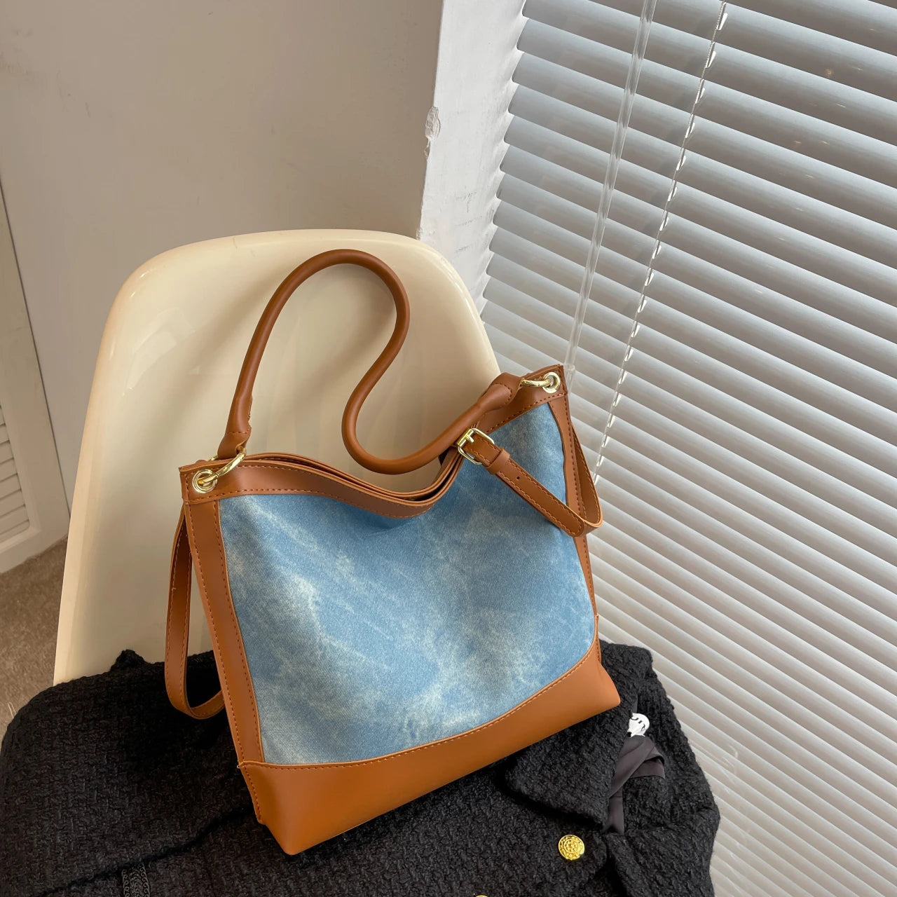 Fashionable Multi-function PU Leather Denim Shoulder Top Bag