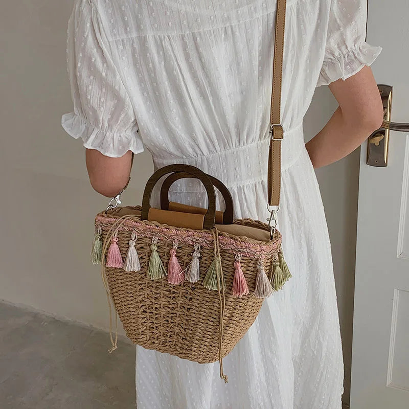 Summer Women's Tassels Straw Shoulder Bag Weaving Handbags Beach Tote