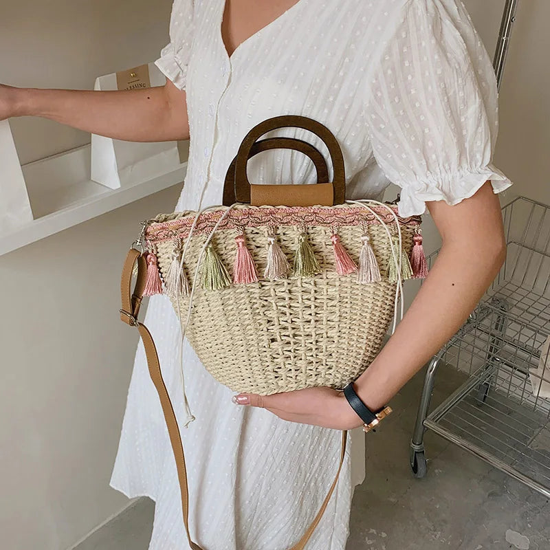 Summer Women's Tassels Straw Shoulder Bag Weaving Handbags Beach Tote