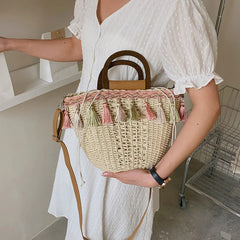 Summer Women's Tassels Straw Shoulder Bag Weaving Handbags Beach Tote