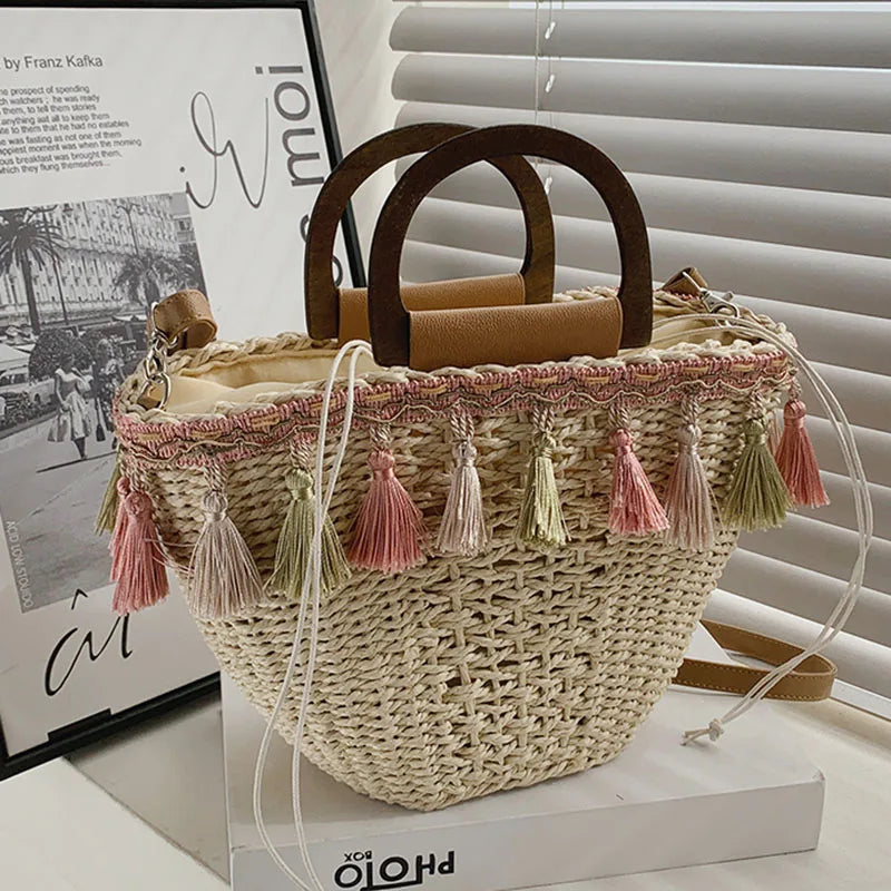 Summer Women's Tassels Straw Shoulder Bag Weaving Handbags Beach Tote