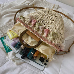 Summer Women's Tassels Straw Shoulder Bag Weaving Handbags Beach Tote