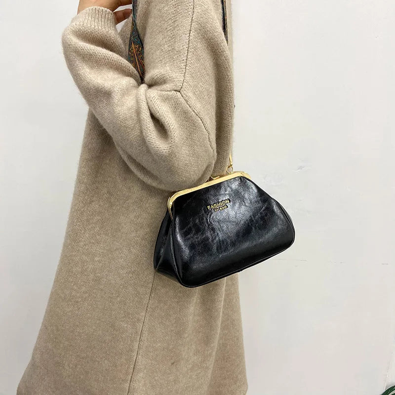 Vintage PU Leather Handbag Kiss Lock Clip Evening Clutch Retro Shoulder Bag