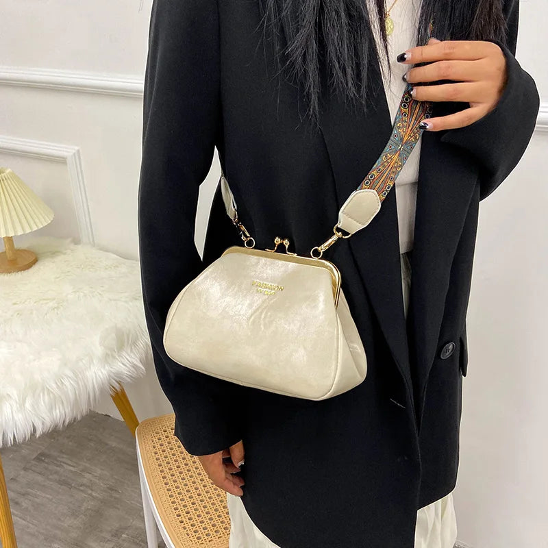 Vintage PU Leather Handbag Kiss Lock Clip Evening Clutch Retro Shoulder Bag