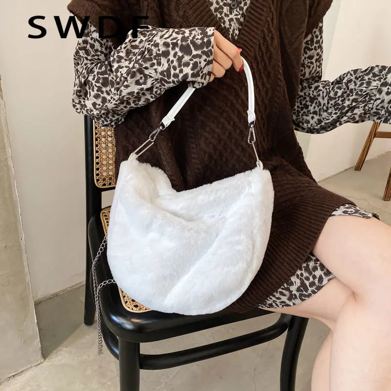 Winter Cow Print Shoulder Bag Soft Plush Handbag Female Chain Crossbody Bag