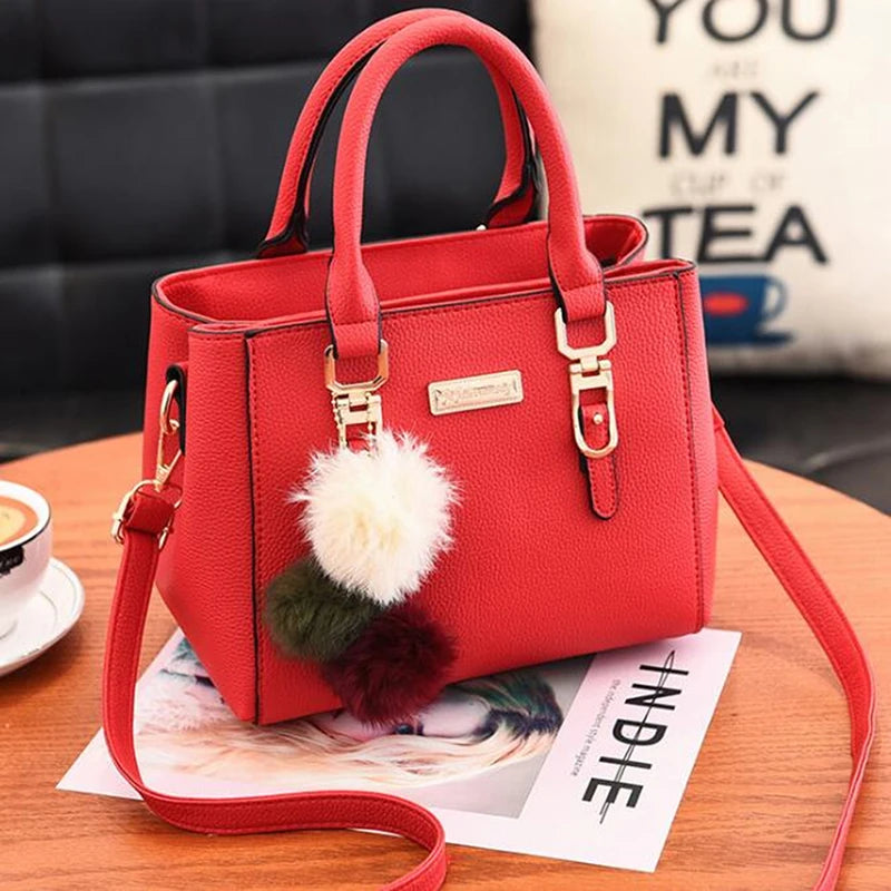 Furry Ball Multifunction Pu Leather Waterproof Handbag