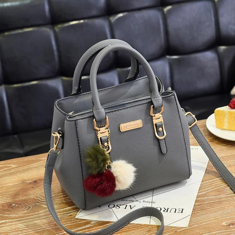 Furry Ball Multifunction Pu Leather Waterproof Handbag