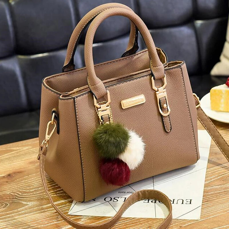 Furry Ball Multifunction Pu Leather Waterproof Handbag