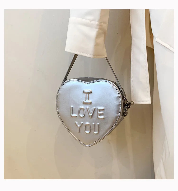Heart Shaped Shoulder Bags Silver Printed Letters Cross Body Bags