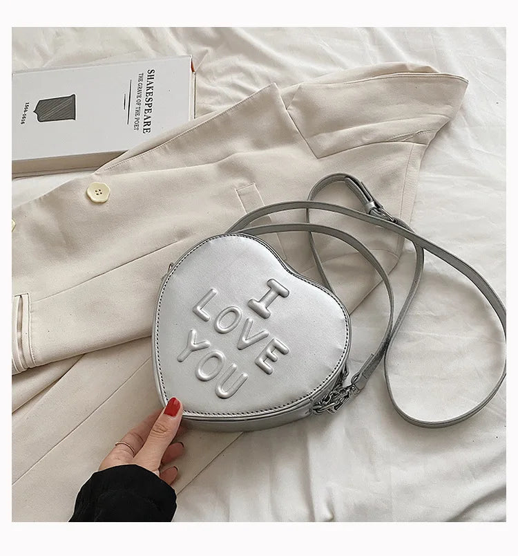 Heart Shaped Shoulder Bags Silver Printed Letters Cross Body Bags