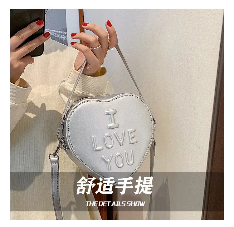Heart Shaped Shoulder Bags Silver Printed Letters Cross Body Bags