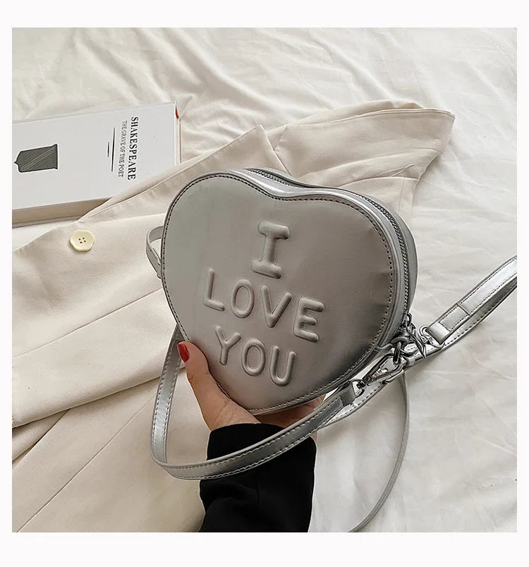 Heart Shaped Shoulder Bags Silver Printed Letters Cross Body Bags