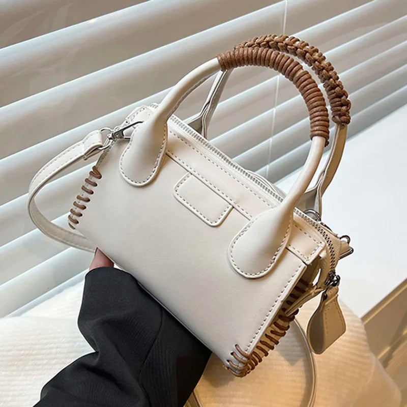 Women Beige Shoulder Bag Woven Handbag Clutch