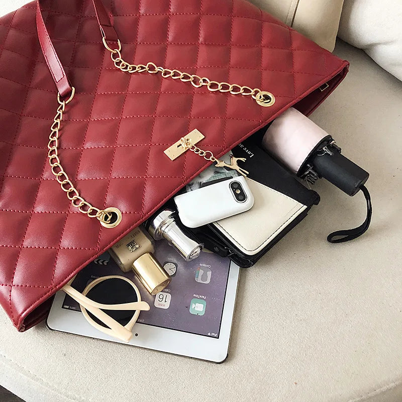 Leather Rhombic Chain Handbag Large Capacity