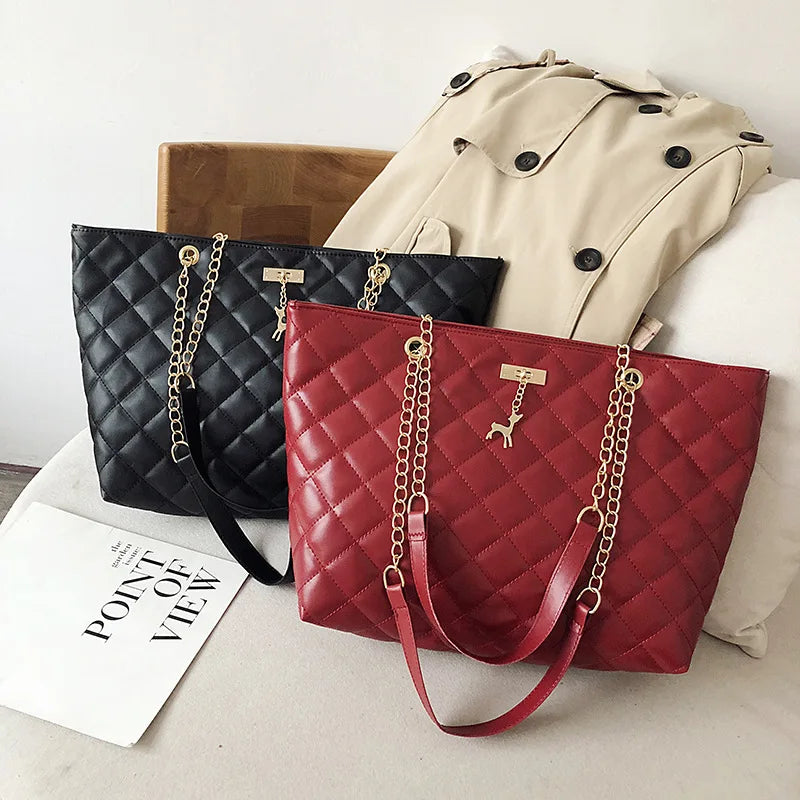 Leather Rhombic Chain Handbag Large Capacity
