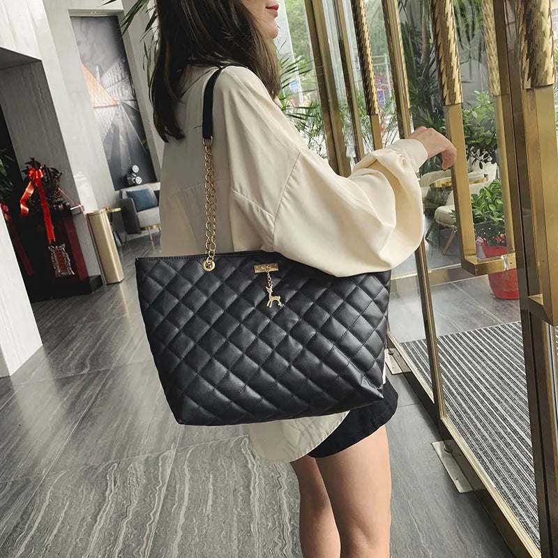 Leather Rhombic Chain Handbag Large Capacity