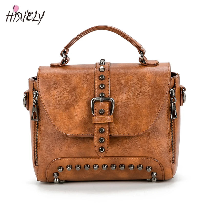 Vintage Messenger Bag Women Crossbody Rivet Handbag Motorcycle Bag