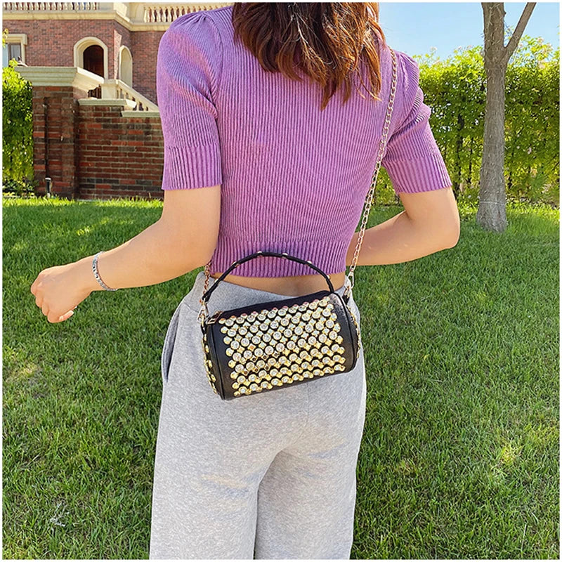 Women Rivet Diamonds Handbag PU Leather Crossbody Shoulder Bag
