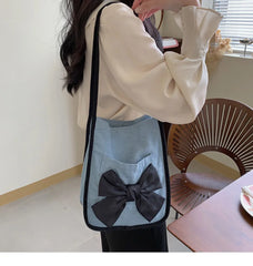 Women's Bow Canvas Shopper Bag Denim Shoulder Bag Large Capacity Tote