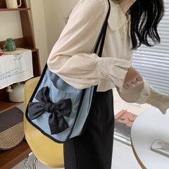 Women's Bow Canvas Shopper Bag Denim Shoulder Bag Large Capacity Tote
