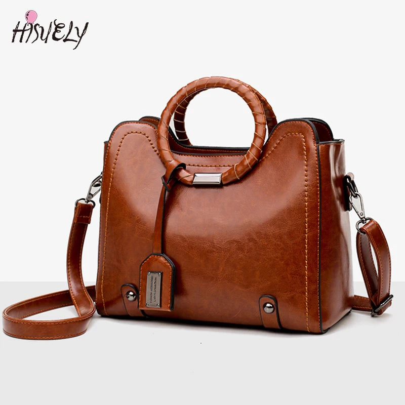 Women Oil Wax Leather Handbags High Shoulder Bags