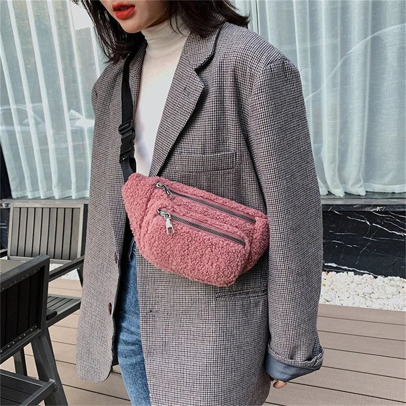 Plush Women's Waist Bag Solid Shoulder Crossbody Chest Bag