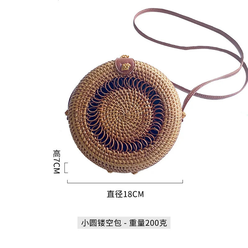 Hand Woven Rattan Basket Bag Bohemian Casual Women Solid Circular