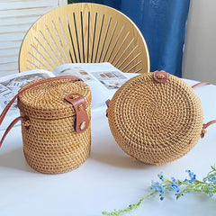 Hand Woven Rattan Basket Bag Bohemian Casual Women Solid Circular