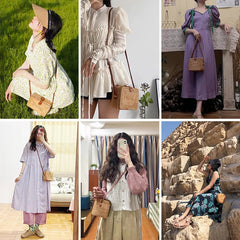 Hand Woven Rattan Basket Bag Bohemian Casual Women Solid Circular