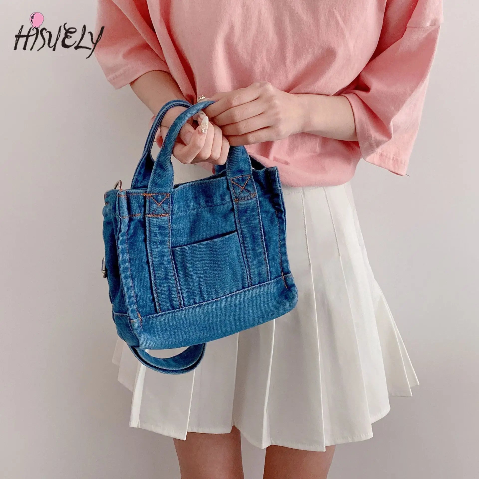 Small Denim Cloth Women Shoulder Bag Casual Tote Detachable Strap Zipper Purse