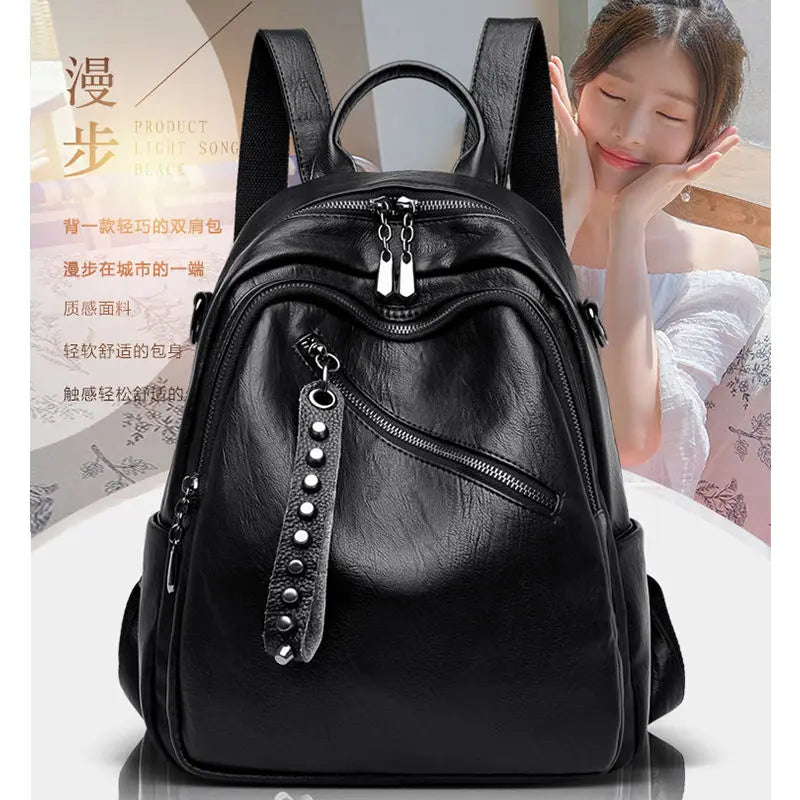 Solid Women PU Leather Backpack Bag High Capacity Shoulder Travel Y26