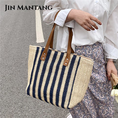 Casual Striped Straw Tote Shoulder Bag for Women
